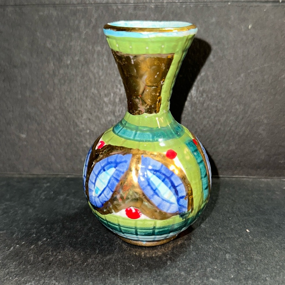 Vintage Italian  Belfor Hand-Painted Mosaic Pattern Small Vase - 4 inches
